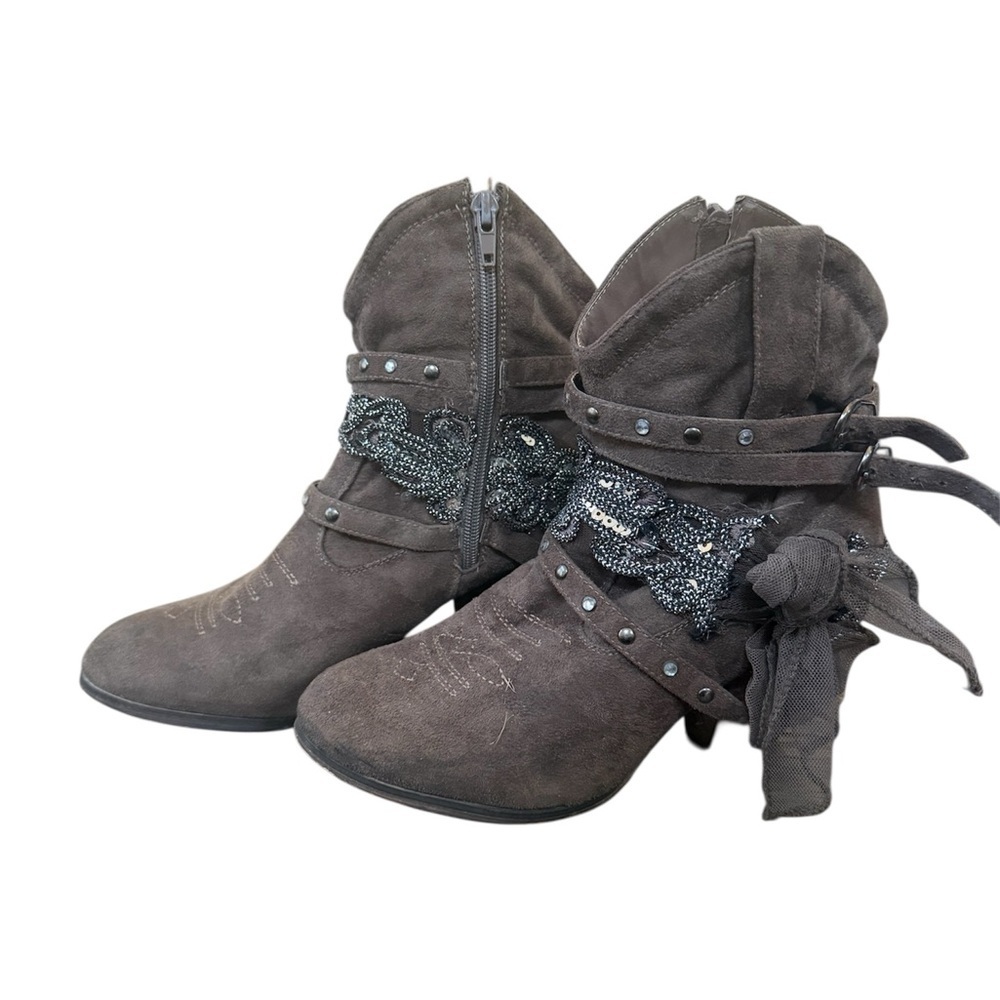 Women’s Dark Brown Embellished Combat Boots with Side Zipper - Picture 3 of 7